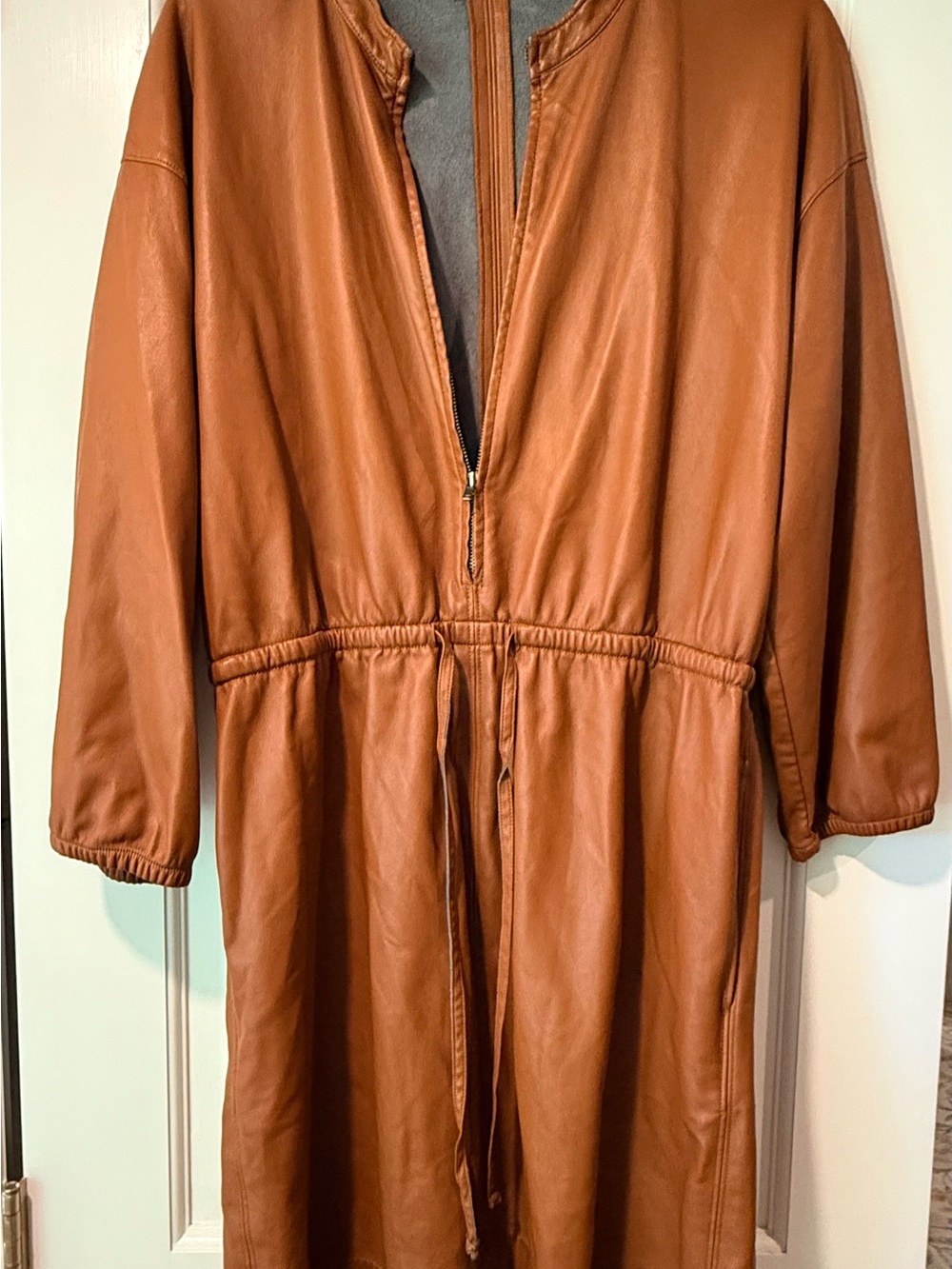 Natori Leather-Look Midi Drawstring Dress — Cognac